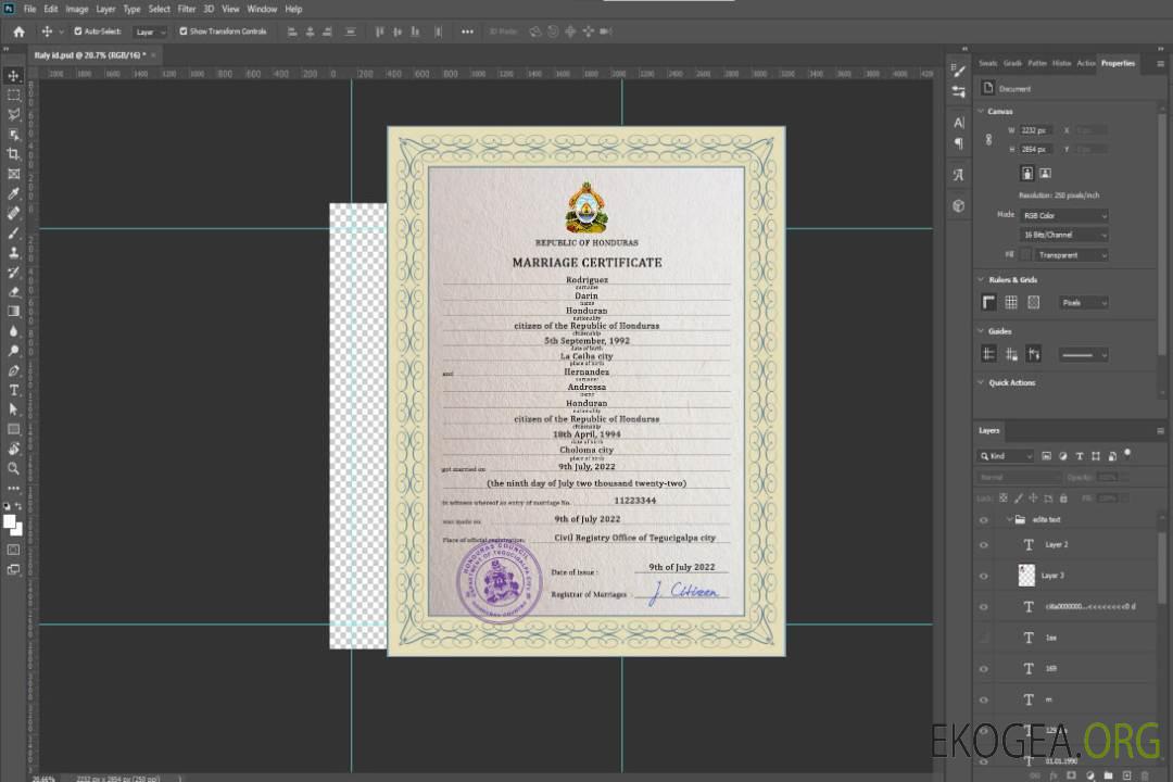 Modèle PSD de certificat de mariage du Honduras template